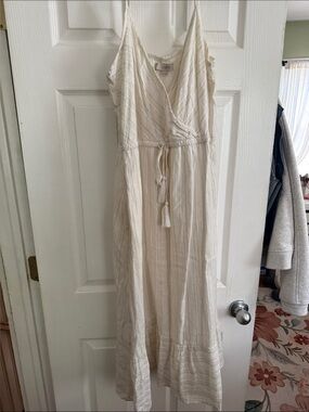 LOFT Cream Striped Tie-Waist Maxi Dress